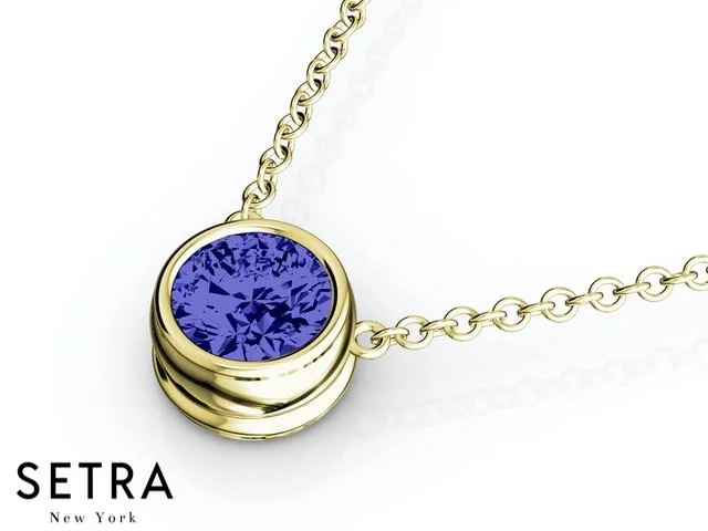 14K FINE ROSE GOLD BLUE SAPPHIRE PANDENTS OR NECKLACE SOLITAIRE BAZEL SETTING