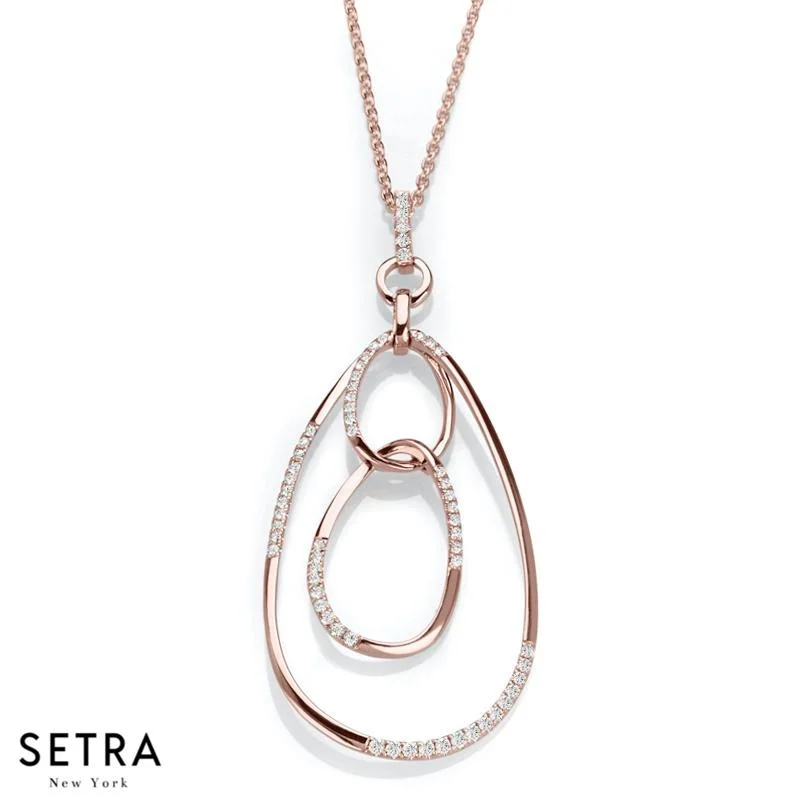 14K FINE ROSE GOLD WITH DIAMONDS DOUBLE CIRCLE OVAL SHAPE NECKLACE