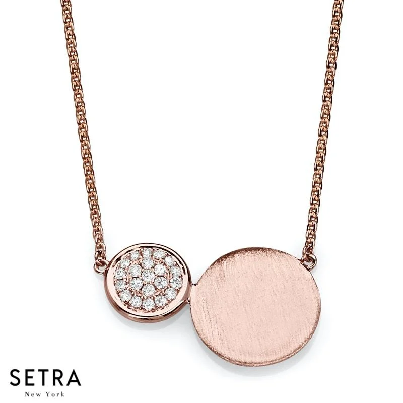 14K FINE ROSE GOLD WITH DIAMONDS DOUBLE CIRCLE DISC Necklace MATT FINISH