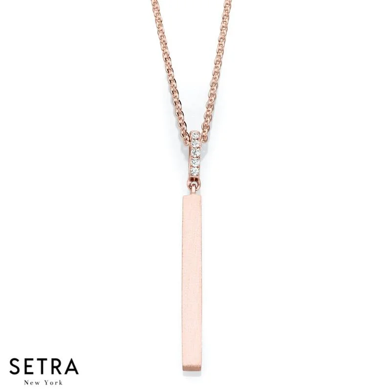 14K FINE ROSE GOLD WITH DIAMONDS LONG BAR NECKLACE MATT FINISH