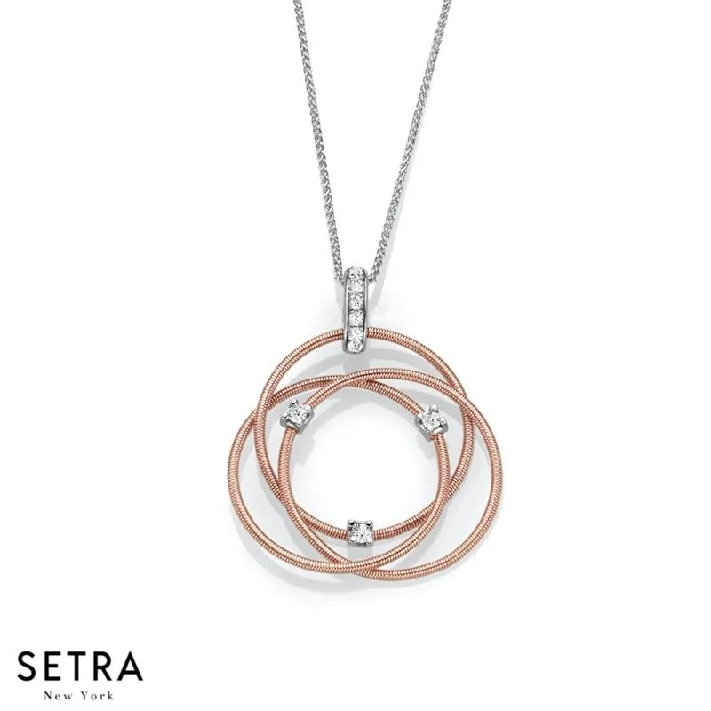 DESIGNER 14K FINE ROSE GOLD WITH DIAMONDS 3 ROW CIRCLE ROUND SHAPE NECKLACE