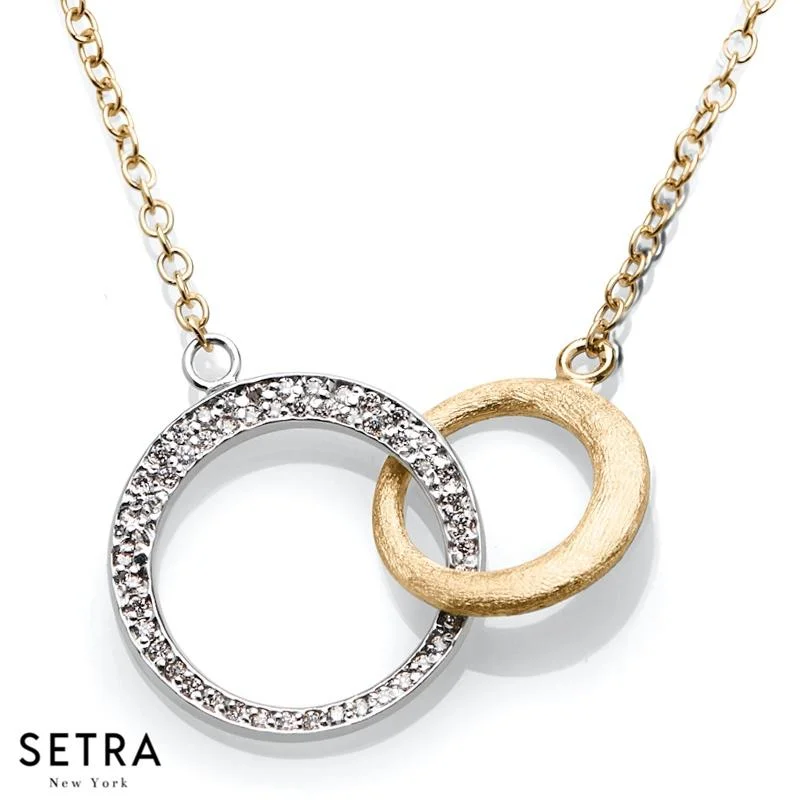 DESIGNER 14K FINE WHITE & YELLOW GOLD DIAMONDS DOUBLE CIRCLE NECKLACE