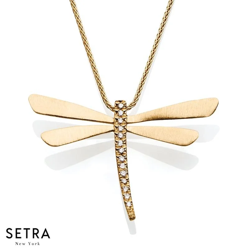 14K FINE YELLOW GOLD DRAGONFLY & DIAMONDS NECKLACE