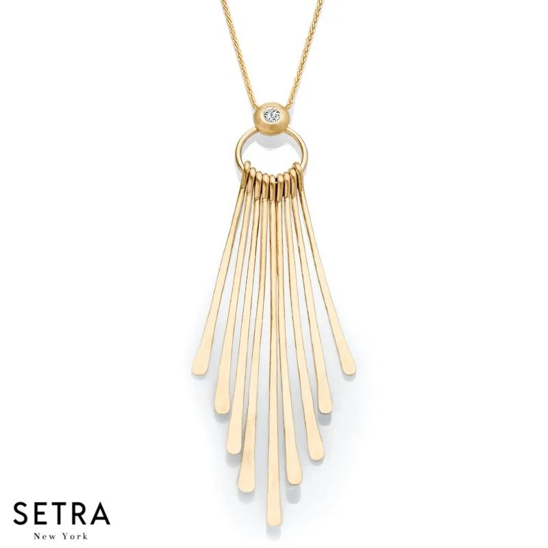 14K FINE YELLOW GOLD HANGING STICK DIAMONDS NECKLACE