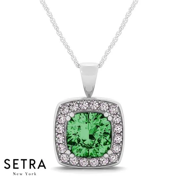 18K Gold Round Cut Diamonds & Green Emerald Radiant Cut In Halo Setting Necklace