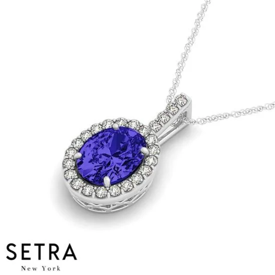 18K Gold Round Cut Diamonds & Oval Cut Sapphire In Halo Setting Necklace