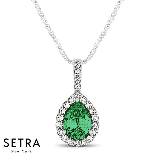 18K Gold Round Cut Diamonds & Green Pear Shape Emerald In Halo Setting Necklace