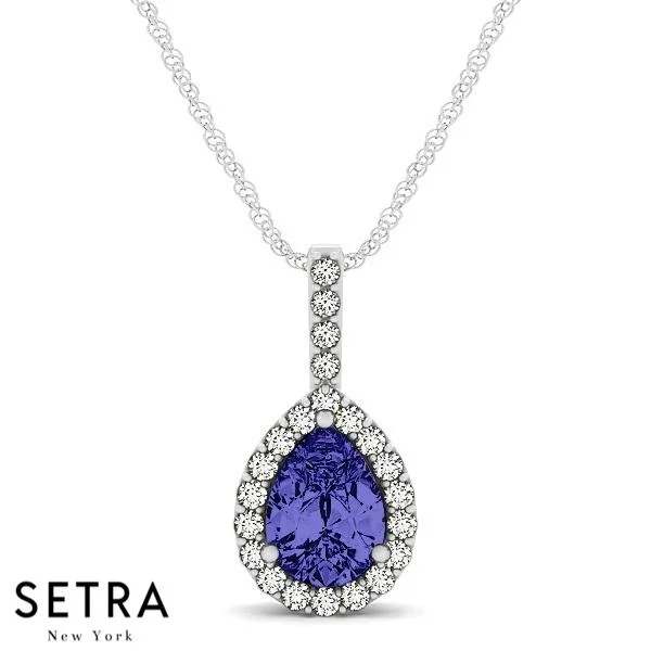 18K Gold Round Cut Diamonds & Pear Shape Sapphire In Halo Setting Necklace