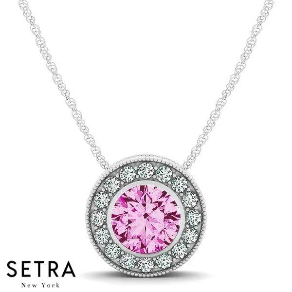 18K Gold Round Cut Diamonds & Pink Sapphire In Halo Setting Necklace