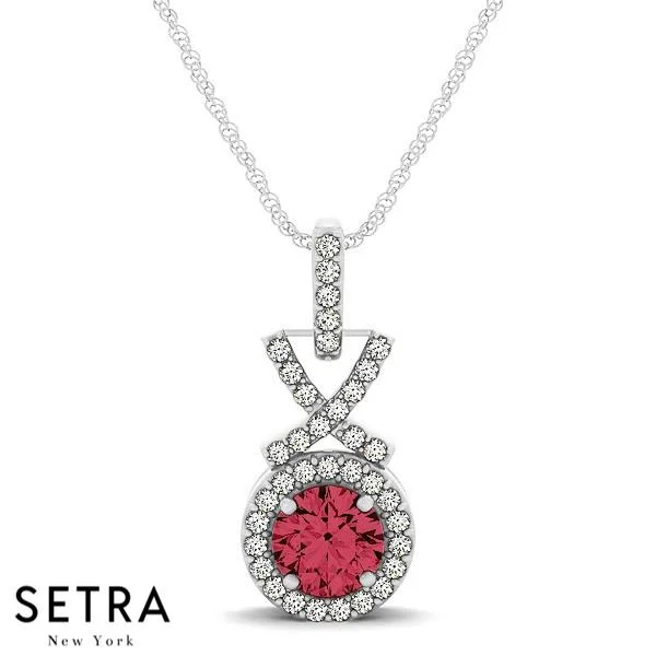 18K Gold Round Cut Diamonds & Ruby In Halo Setting X Style Necklace