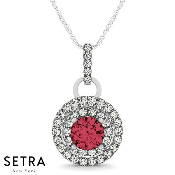 18K Gold Round Cut Diamonds & Ruby In Double Halo Setting Necklace