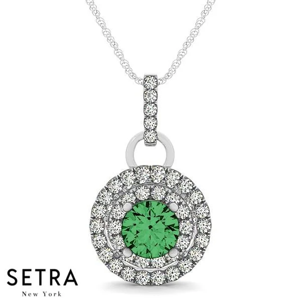 18K Gold Round Cut Diamonds & Green Emerald In Double Halo Setting Necklace