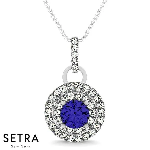 18K Gold Round Cut Diamonds & Sapphire In Double Halo Setting Necklace