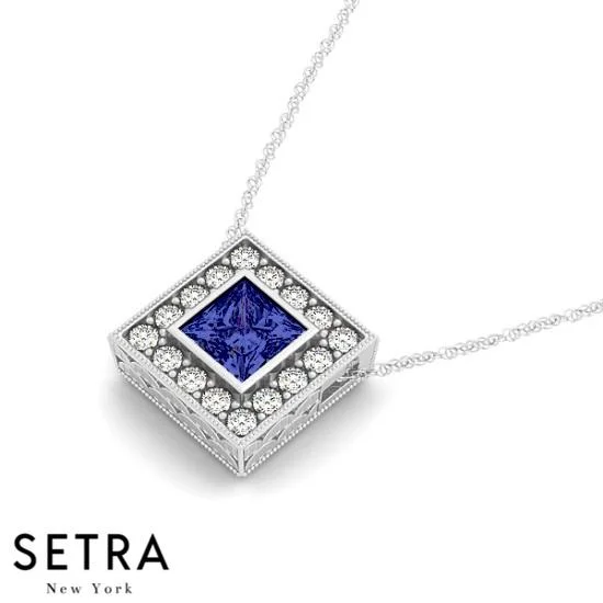 18K Gold Round Cut Diamonds & Princess Cut Sapphire In Halo Setting Necklace