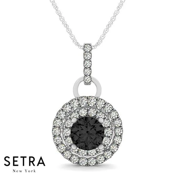 18K Gold White & Black Round Cut  In Double Halo Setting Necklace