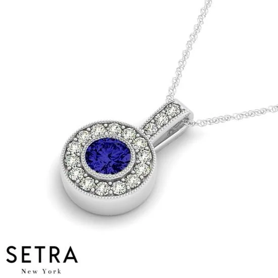 18K Gold Round Cut Diamonds & Sapphire In Halo Setting Necklace