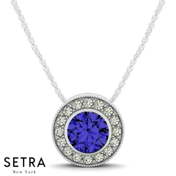 18K Gold Round Cut Diamonds & Sapphire In Halo Setting Necklace