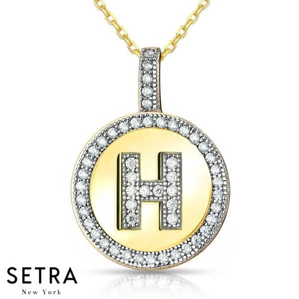 INITIAL MICRO-PAVE FINE 18K GOLD CIRCLE DISC "H" DIAMONDS  NECKLACE