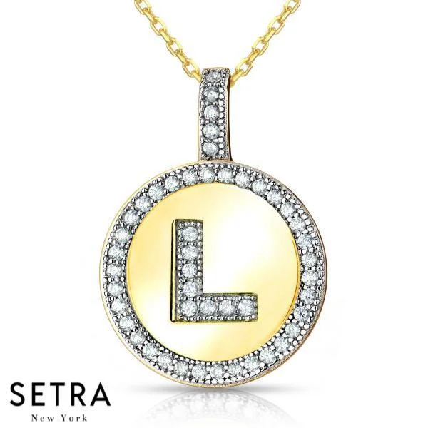 INITIAL MICRO-PAVE FINE 18K GOLD CIRCLE DISC "L" DIAMONDS NECKLACE