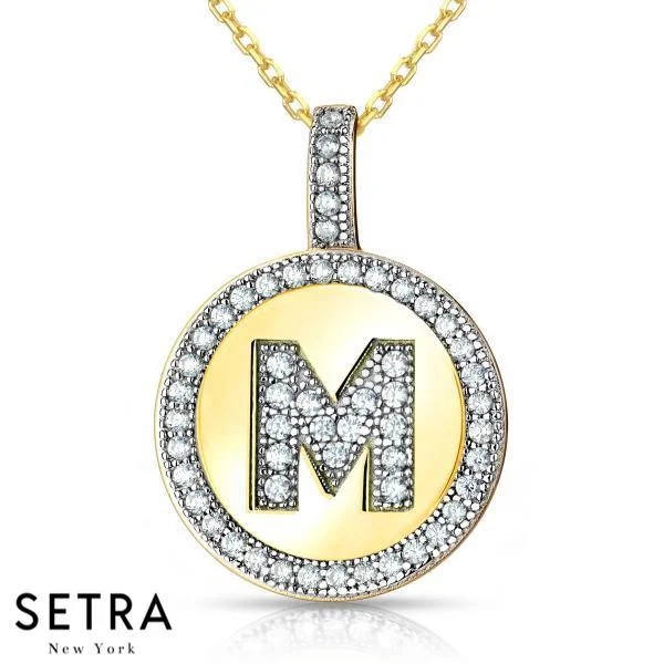 INITIAL MICRO-PAVE FINE 18K GOLD CIRCLE DISC "M" DIAMONDS NECKLACE