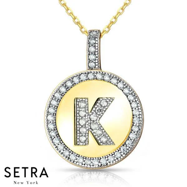 INITIAL MICRO-PAVE FINE 18K GOLD CIRCLE DISC "K" DIAMONDS  NECKLACE