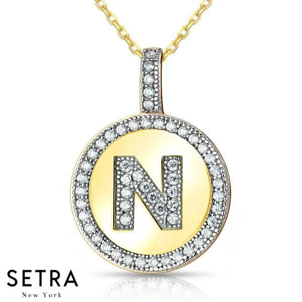 INITIAL MICRO-PAVE FINE 18K GOLD CIRCLE DISC "N" DIAMONDS NECKLACE