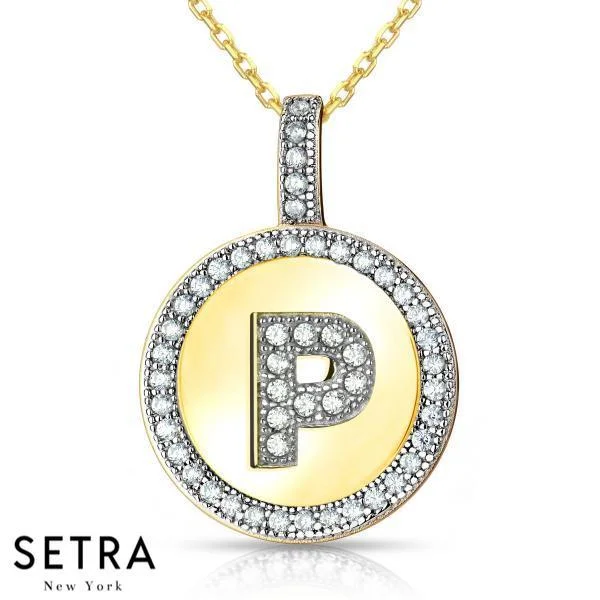 INITIAL MICRO-PAVE FINE 18K GOLD CIRCLE DISC " P " DIAMONDS NECKLACE