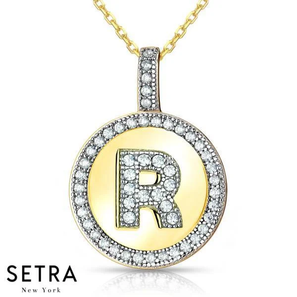 INITIAL MICRO-PAVE FINE 18K GOLD CIRCLE DISC " R " DIAMONDS NECKLACE