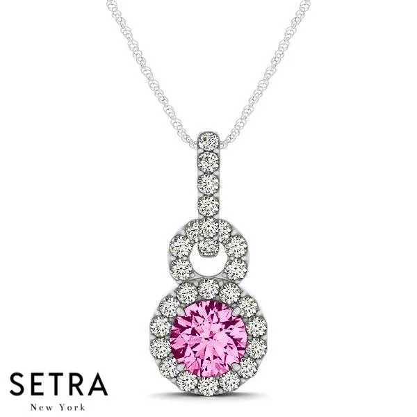 18K Gold Round Cut Diamonds & Pink Sapphire In Halo Setting Necklace