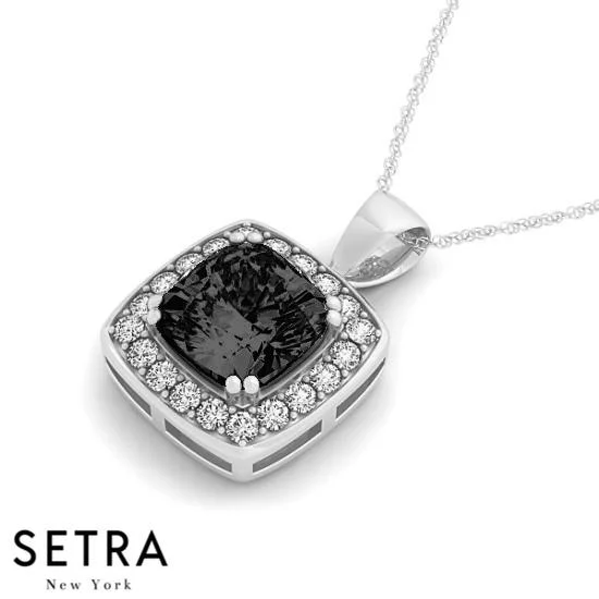 18K Gold Round Cut Diamonds & Cushion Cut Black Diamond Cut In Halo Setting Necklace