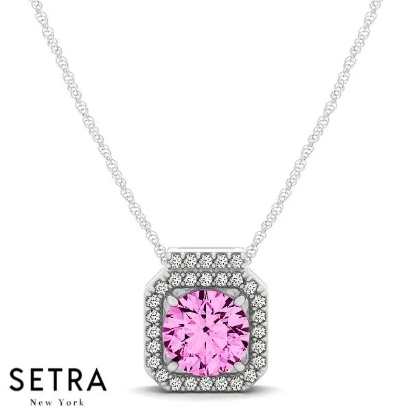 18K Gold Round Cut Diamonds & Pink Sapphire In Halo Setting Necklace