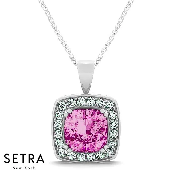 18K Gold Round Cut Diamonds & Cushion Cut Pink Sapphire In Halo Necklace