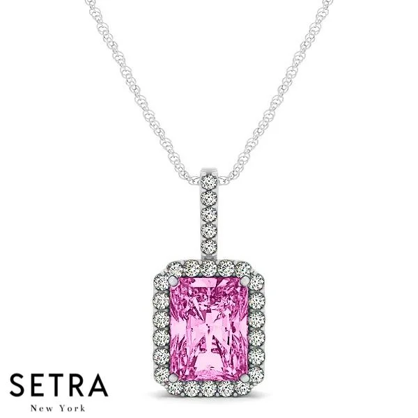 18K Gold Round Cut Diamonds & Emerald Cut Pink Sapphire In Halo Necklace