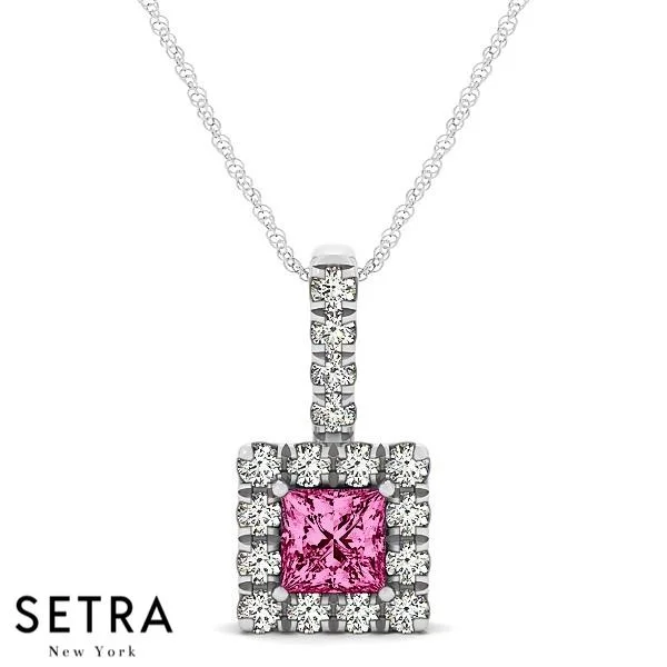 18K Gold Round Cut Diamonds & Princess Cut Pink Sapphire In Halo Necklace