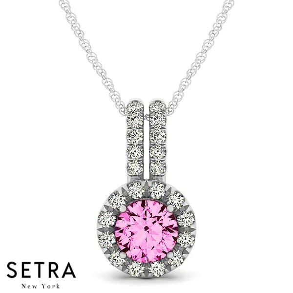 Vintage 18K Gold Round Cut Diamonds & Pink Sapphire In Halo Setting Necklace