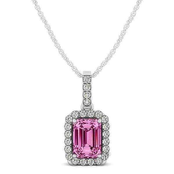 Vintage 18K Gold Round Cut Diamonds & Emerald Pink Sapphire In Halo Setting Necklace