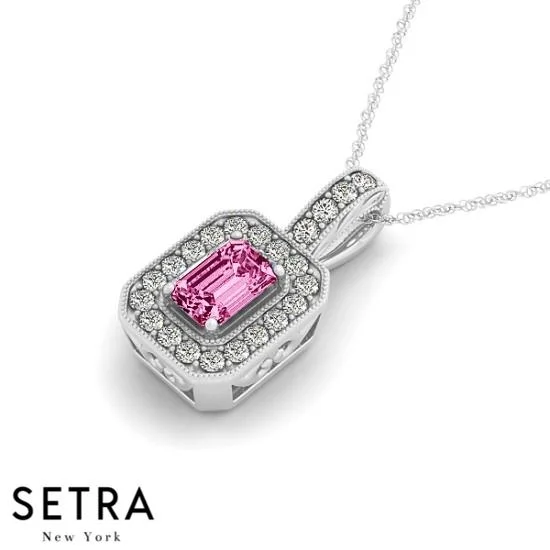 18K Gold Round Cut Diamonds & Emerald Pink Sapphire  In Halo Setting Necklace