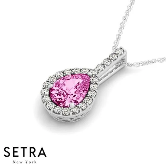 18K Gold Round Cut Diamonds & Pear Cut Pink Sapphire In Halo Necklace