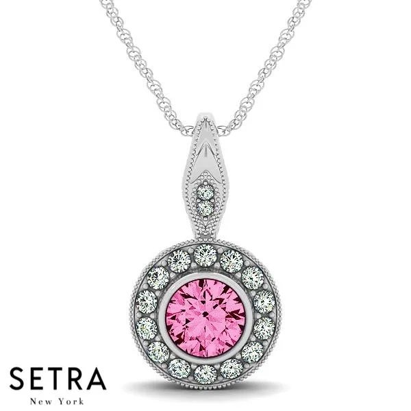 Vintage 18K Gold Round Cut Diamonds & Pink Sapphire In Halo Necklace