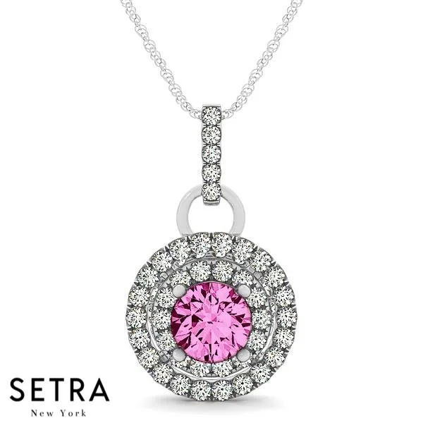 Vintage 18K Gold Round Cut Diamonds & Pink Sapphire In Double Halo Setting Necklace