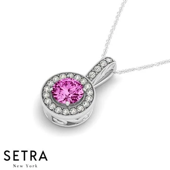 18K Gold Round Cut Diamonds & Pink Sapphire In Halo Setting Necklace