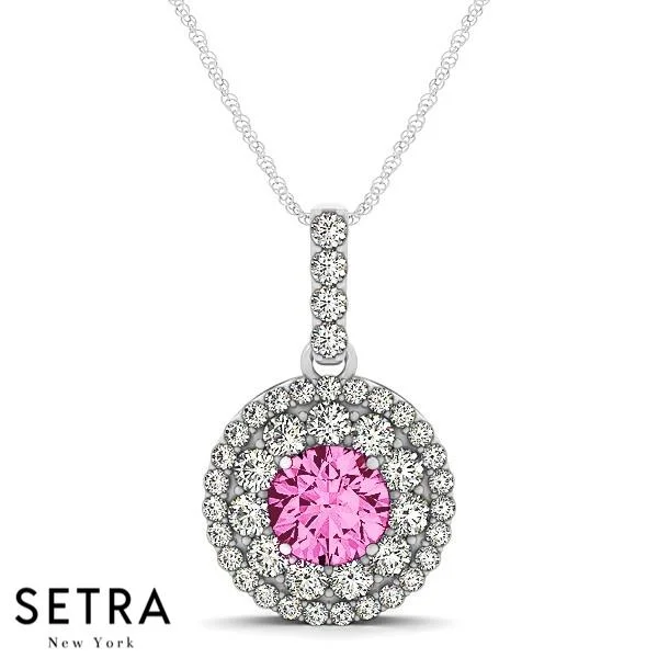 18K Gold Round Cut Diamonds & Pink Sapphire In Double Halo Setting Necklace