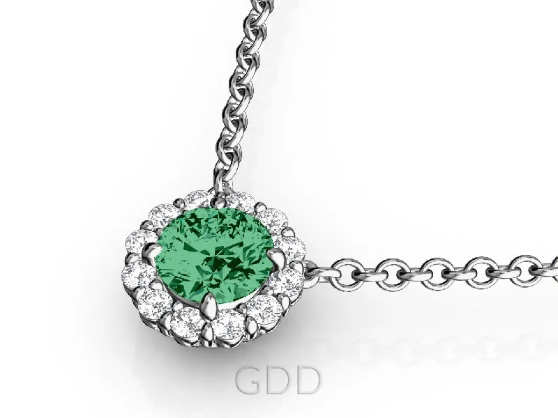 Vintage 18K Gold Round Cut Diamonds & Green Emerald In Halo Necklace