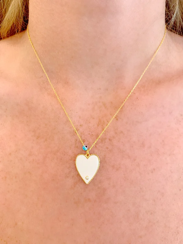 White Big Enamel Heart Necklace