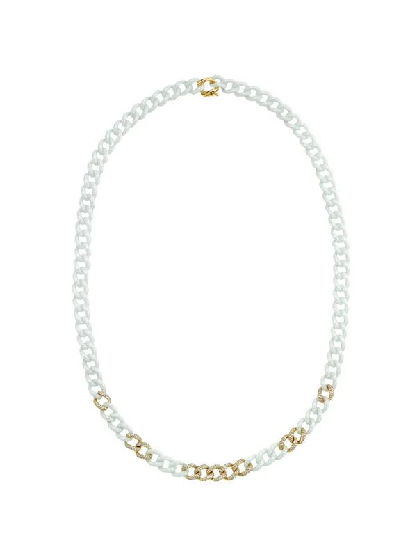 11 Diamond Pavé and White Ceramic Medium Link Chain Yellow Gold Necklace