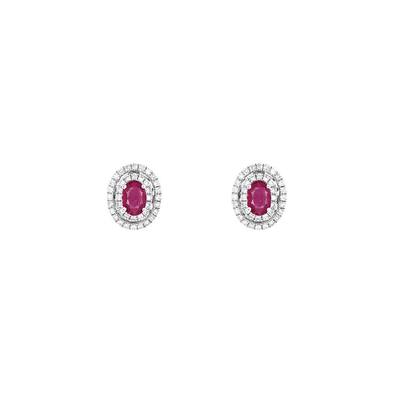 14 Karat White Gold Double Halo Earrings with Rubies and Diamonds