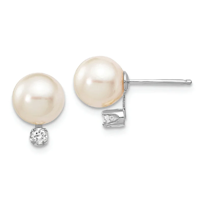 14KW 7-8mm Round White Saltwater Akoya Pearl .10ct.Diamond Earrings