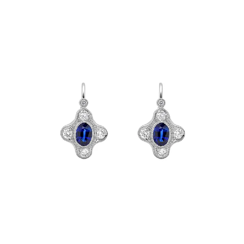 18 Karat White Gold Lever Back Earrings with Blue Sapphire and Diamonds