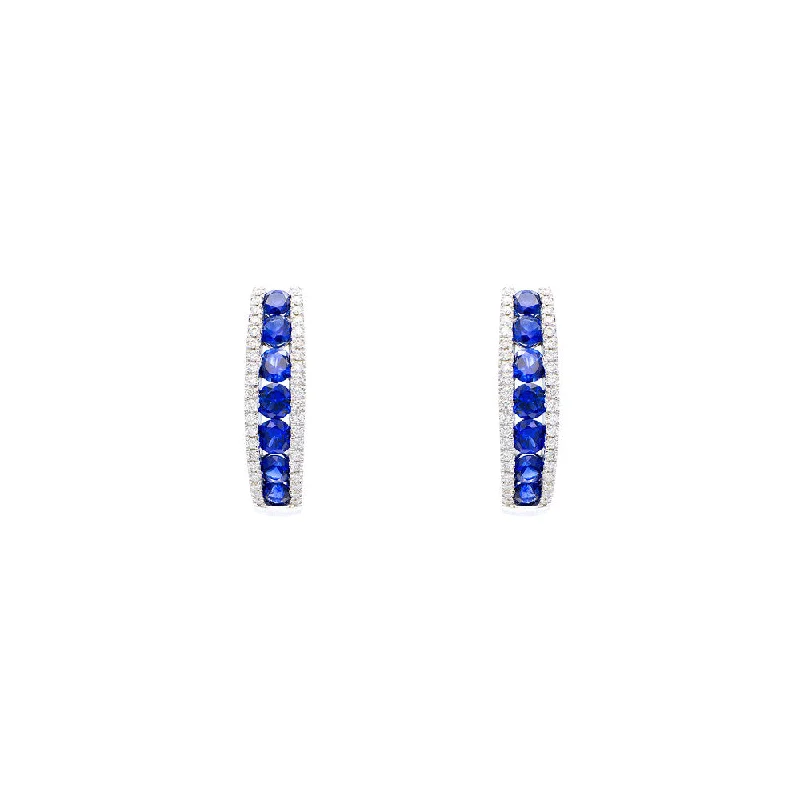 18 Karat White Gold Small Hoop Earrings with Blue Sapphire and Diamonds