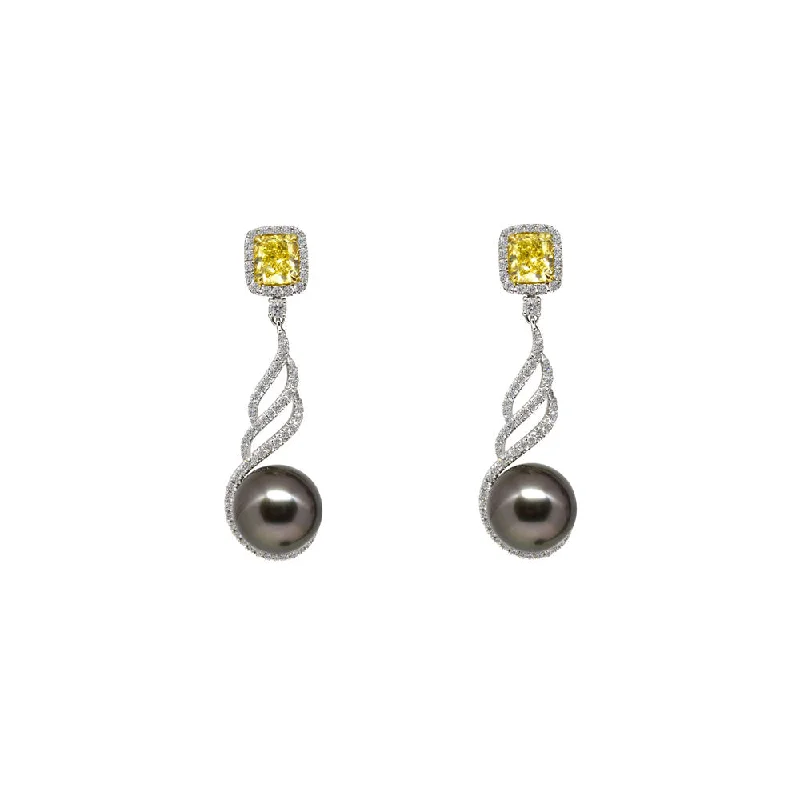 18 Karat White Gold Yellow Diamond and Tahitian Pearl Earrings